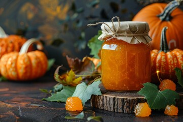 
Pumpkin and orange marmalade in funny jars for Halloween. Scary and funny holiday decor. Halloween product card.