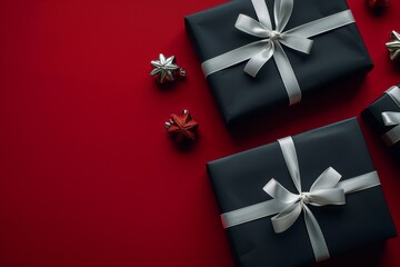 Wall Mural - Christmas gifts wrapped in black paper with a white silk ribbon on a red background with red and white decor. New Year Christmas. Place for text. Copy space