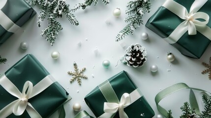 Wall Mural - Christmas gifts wrapped in green paper with a white silk ribbon on a white marble background with green Christmas tree branches. New Year Christmas. Place for text. Copy space.