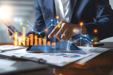Businessman using tablet analyzing sales of data hologram virtual, business growth graph chart. Finance and investment concept