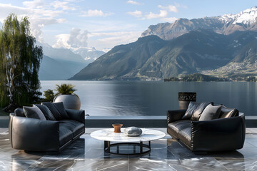 Wall Mural - A stylish patio with black leather sofas and a marble table, facing a mountain lake and alpine peaks