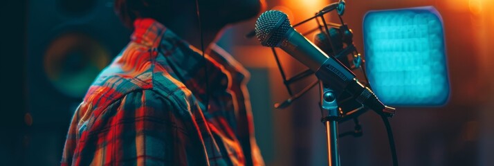 Wall Mural - Performer stands confidently at an open mic night, ready to deliver their act, under warm stage lights