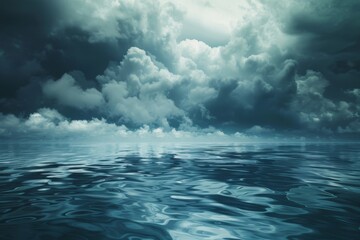 Wall Mural - A vast expanse of water under a threatening sky filled with dark, heavy clouds, A storm brewing on the horizon, dark clouds reflected in turbulent waters