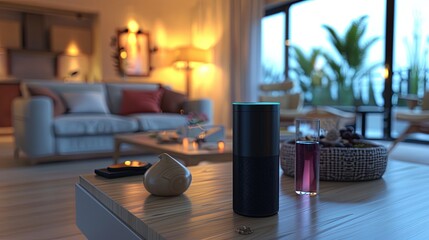 Leinwandbilder - A sleek voice assistant device sits on a coffee table in a stylish living room, ready to respond to user commands. Generative AI
