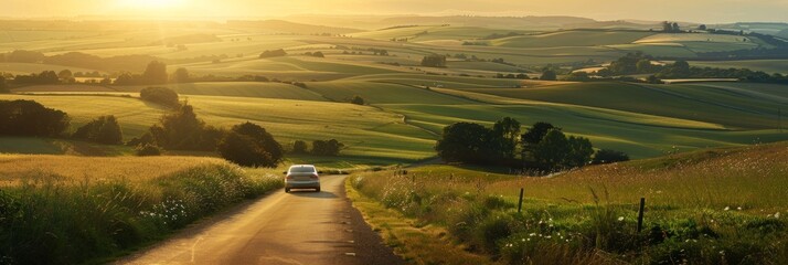 Wall Mural - A single car drives down a long, winding rural road as the sun sets, casting a warm, golden light over rolling green hills and fields