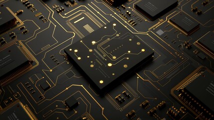 Wall Mural - Electronic circuit board detailed close-up, black gold computer motherboard. AI ML technology hardware minimalist concept background banner