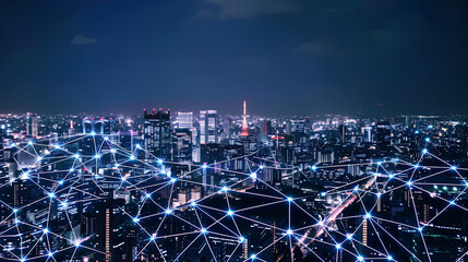 Wall Mural - modern city with wireless network connection and city scape concept.wireless network and connection 