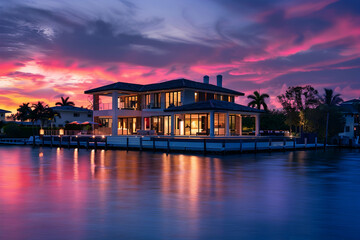 Wall Mural - A stylish waterfront house with large patios, illuminated by the soft pinks and purples of a Miami sunset