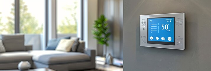 Aufkleber - A sleek smart thermostat is mounted on a modern living room wall, showing the current temperature and weather conditions. Generative AI