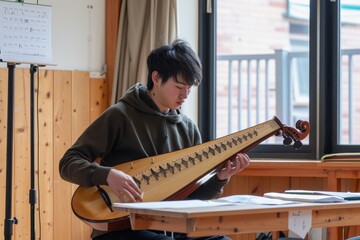 A man practices playing a musical instrument in a room filled with musical equipment, A student practicing a musical instrument in a practice room