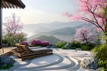 Wall Mural - A tranquil Zen garden with zen sand garden and bamboo lounge chairs, surrounded by blooming cherry blossoms and a view of distant misty mountains