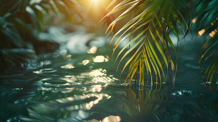 Wall Mural - Palm Leaves, Water Ripples and Sunlight Reflections