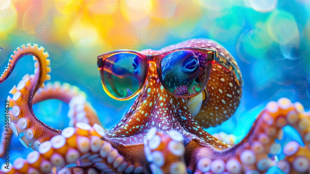 Funny octopus wearing sunglasses in studio with a colorful and bright ...