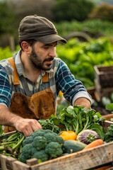 A vegetable farmer organizes freshly harvested produce into a crate on an organic farm