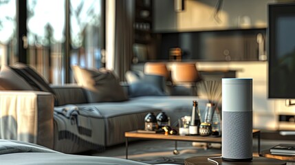 Poster - A sleek, cylindrical smart speaker sits on a wooden coffee table in a stylish, modern living room. Generative AI