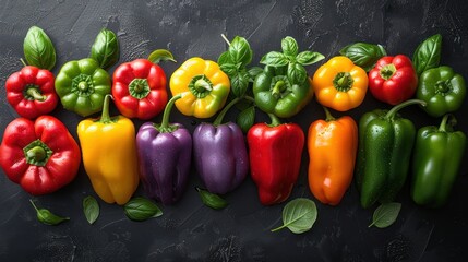 Canvas Print - Colorful Bell Peppers Arranged in a Row on a Dark Background