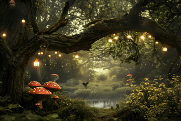 Wall Mural - An enchanted forest glade with whimsical toadstool stools and fairy lanterns, nestled among ancient oak trees and a view of a tranquil moonlit pond