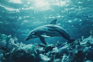 Wall Mural - Dolphin Swimming in a Sea of Plastic Pollution