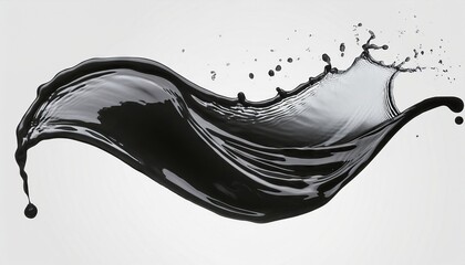 Wall Mural - black water or juice wave flow with splatters, isolated realistic liquid swirl