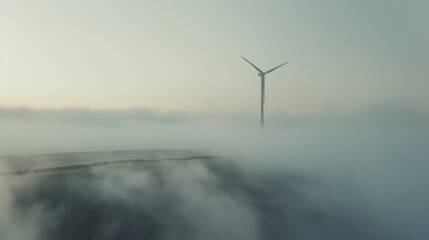 Wind turbine covered in fog during early morning