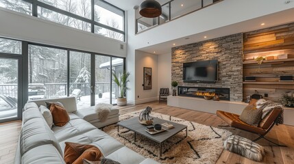 Wall Mural - Modern Living Room with Stone Fireplace and Large Windows