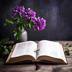 open book and purple flowers education concept/ flowers and empty notebook for text/ international literacy day/ Book in library with old open textbook