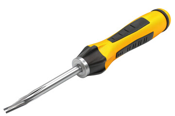 Close-up of a yellow and black screwdriver with a comfortable grip handle, ideal for various repair and construction tasks