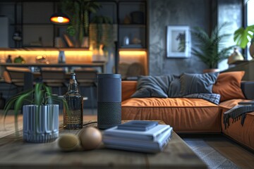 Poster - A sleek voice assistant device sits on a wooden table in a modern living room. Generative AI