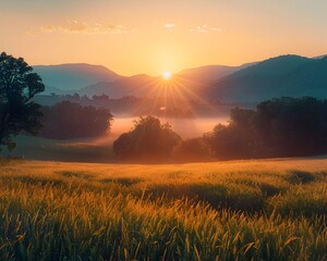 Wall Mural - peaceful sunrise over serene countryside landscape with mountains and mist