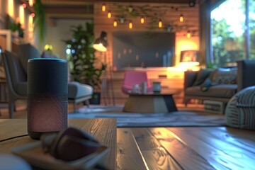 Fototapete - A sleek voice assistant device sits on a coffee table in a modern, well-lit living room. Generative AI