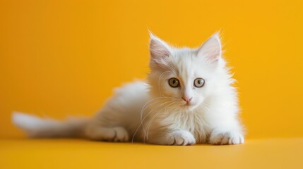 Wall Mural - Adorable white kitten with long fur and big eyes on yellow background