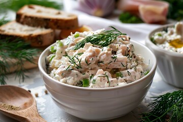 Wall Mural - Tuna salad in a strange white bowl with dill, rye bread and lard on the side. Closeup food photography, soft lighting, neutral background.