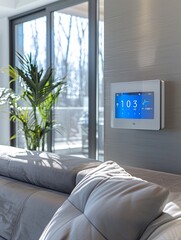 Poster - A sleek smart thermostat mounted on a wall in a modern living room, displaying the current temperature and weather conditions. Generative AI