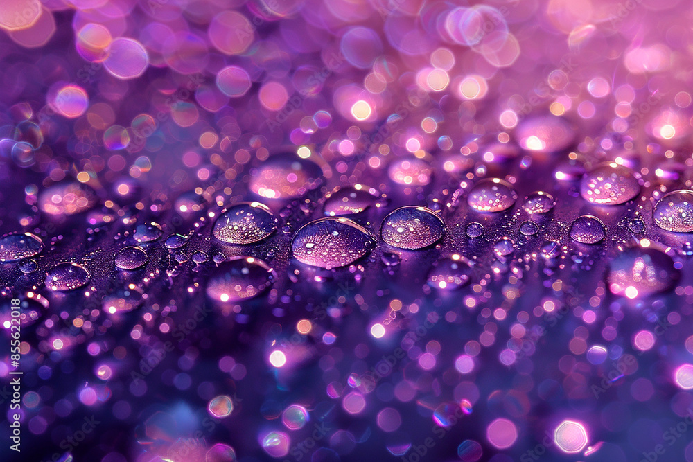 Macro shot of water droplets on a purple surface with bokeh lights. The ...