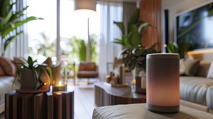 Leinwandbilder - A sleek smart speaker sits on a stylish coffee table in a modern living room, surrounded by potted plants. Generative AI