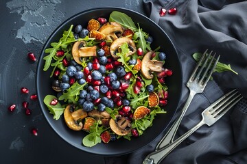 Wall Mural - Photo of a salad with blueberries, pomegranate seeds and mushrooms in a black bowl on a dark background in a top view. On the right side is a fork with a grey colored cloth next to it. Minimalistic st