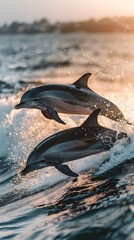 Wall Mural - Playful Dolphins Leaping Through Sunlit Ocean Waves with Synchronized Movement