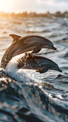 Wall Mural - Playful Dolphins Leaping Through Sunlit Ocean Waves in Synchronized Motion