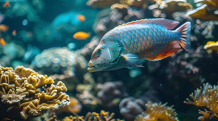 Wall Mural - Colorful Parrotfish Nibbling on Vibrant Coral in Tropical Underwater Ecosystem