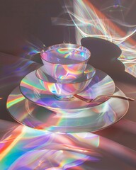 Wall Mural - an abstract composition featuring a holographic display of light and shadow on a dish, creating a fu