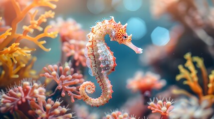 Sticker - Graceful Seahorse in Vibrant Coral with Clear Blue Ocean Background