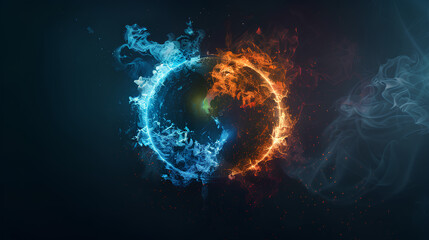 The four elements of nature in a breathtaking creative design. All four elements forming a circular shape. Earth, wind, fire, air, water. Dramatic dark background emphasizing the elements in the cente