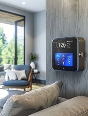 A sleek smart thermostat displaying current temperature, weather conditions, and control options, mounted on a modern living room wall. Generative AI