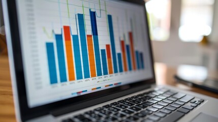 Fototapete - A bar chart on a laptop screen displaying quarterly financial results with percentages and dollar amounts
