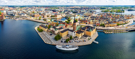 Sticker - Stockholm, Sweden. Riddarholmen. Panorama of the city in summer in cloudy weather. Aerial view