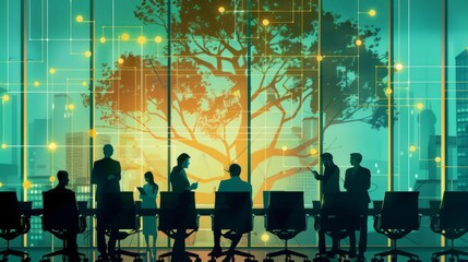 Fototapete - A boardroom with executives studying a tree diagram showing hierarchical structure and organizational relationships