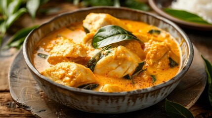 A bowl of creamy coconut fish curry with tender pieces of fish, flavored with curry leaves and coconut milk