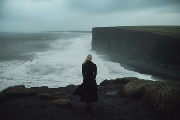 A Scandinavian woman with a contemplative expression meditates on a rocky cliff overlooking a stormy sea.