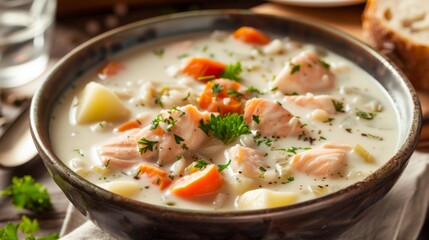 Wall Mural - A bowl of creamy seafood chowder with chunks of salmon, cod, and potatoes, topped with parsley