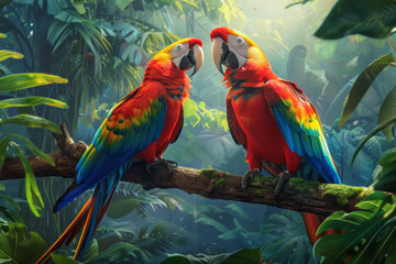 Wall Mural - A pair of colorful parrots perched on a tree branch in a dense jungle, detailed feathers, vibrant colors
